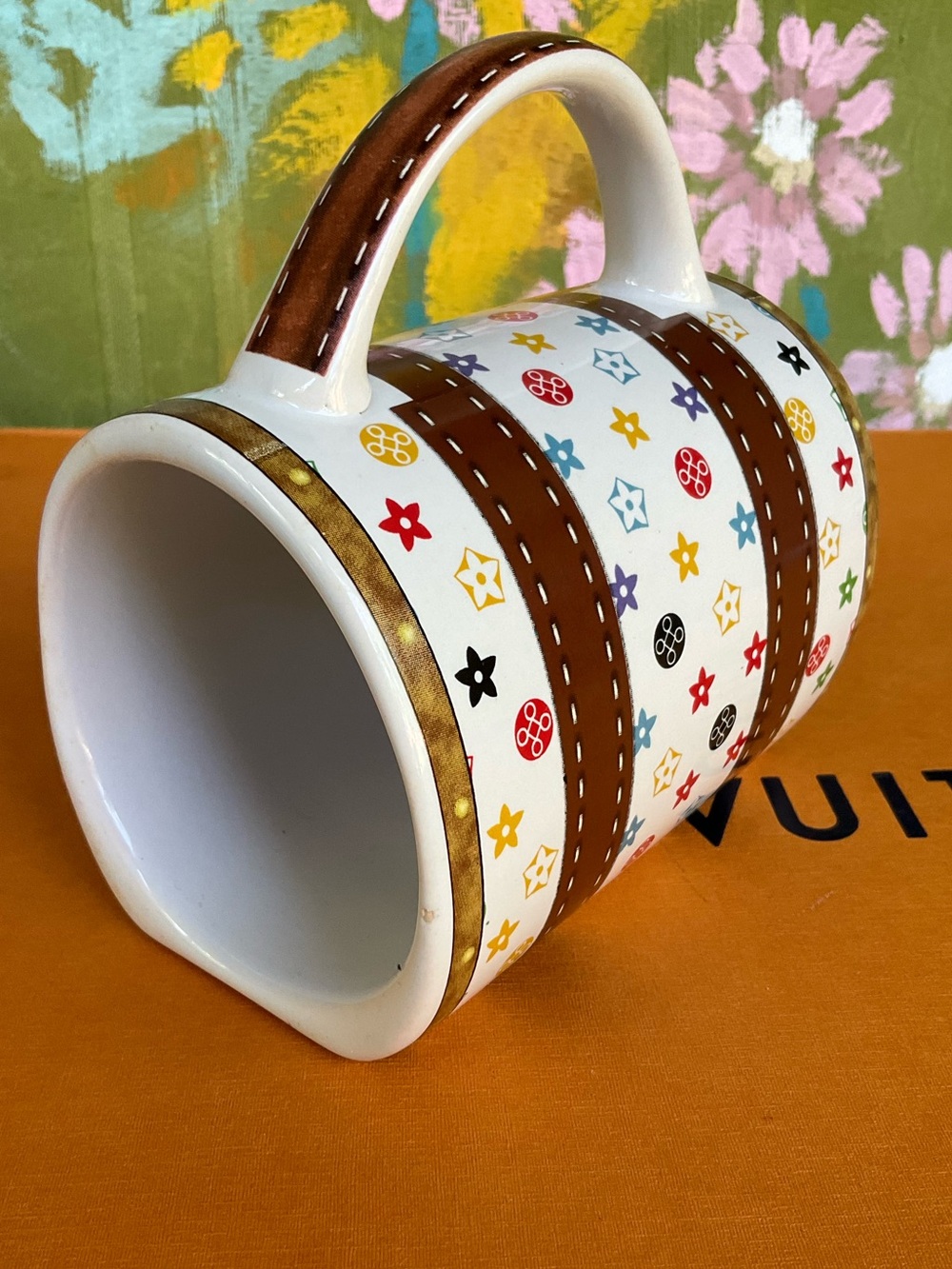 White Mini Coffees Mug Trunk with Multicolor Monogram Print - Picture 3 of 10